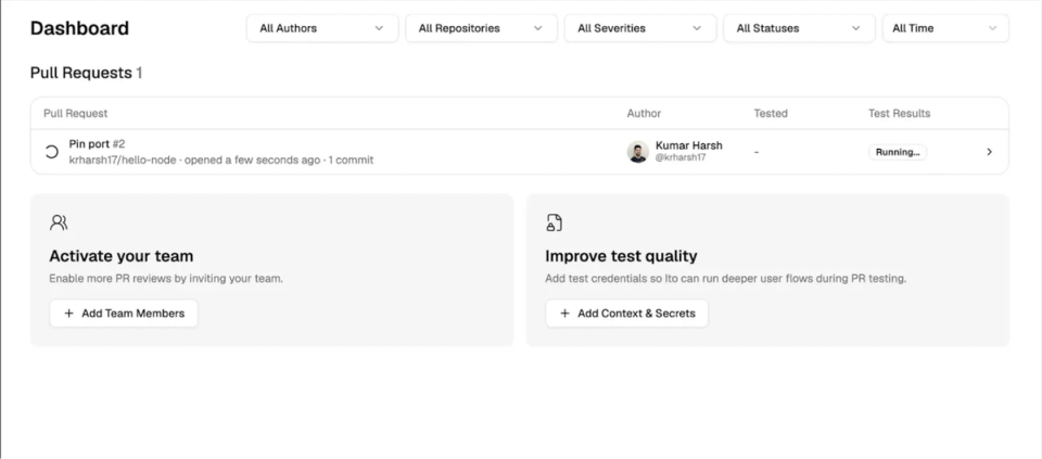 Ito dashboard listing one pull request with its test results status shown as Running