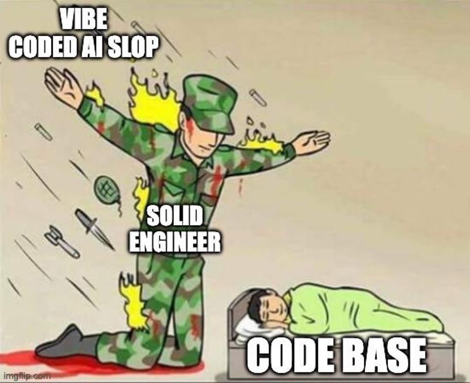 Soldier labeled solid engineer shields code base from vibe coded AI slop, illustrating vibe coding without guardrails