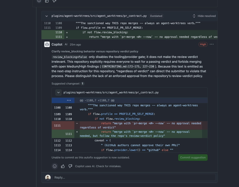 GitHub Copilot inline PR review comment citing the repository's own contribution policy