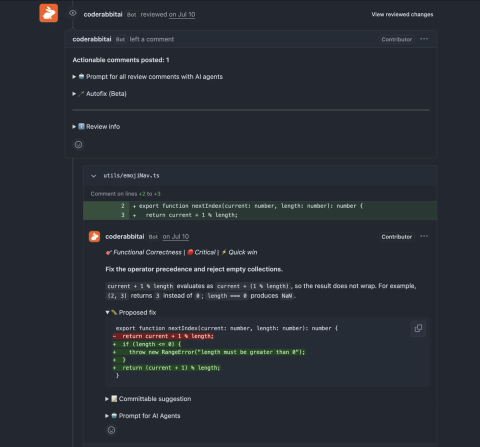 CodeRabbit inline PR finding showing a suggested fix