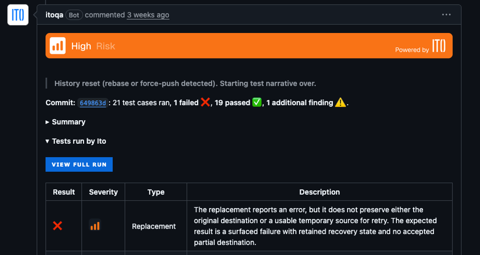 Ito AI code review finding on a DoltLite pull request showing a critical runtime analysis failure in database file replacement.