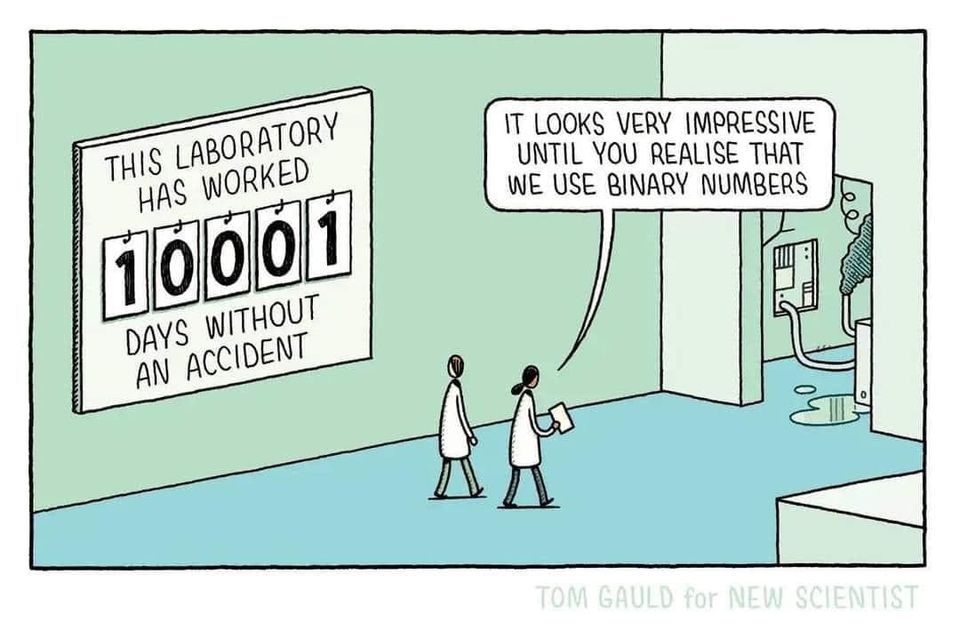 Lab sign reads 10001 days without an accident in binary, illustrating how metrics can obscure more than they reveal
