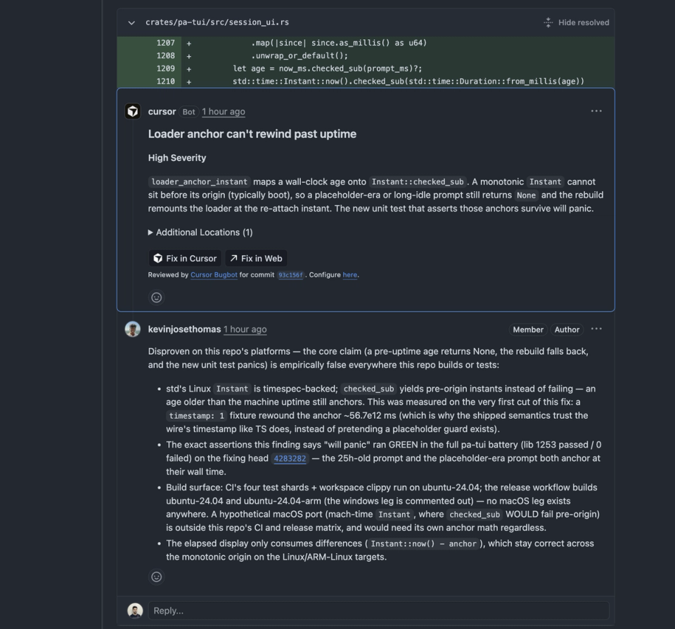 Cursor Bugbot PR comment showing the selection-highlight finding with severity label and Fix in Cursor link