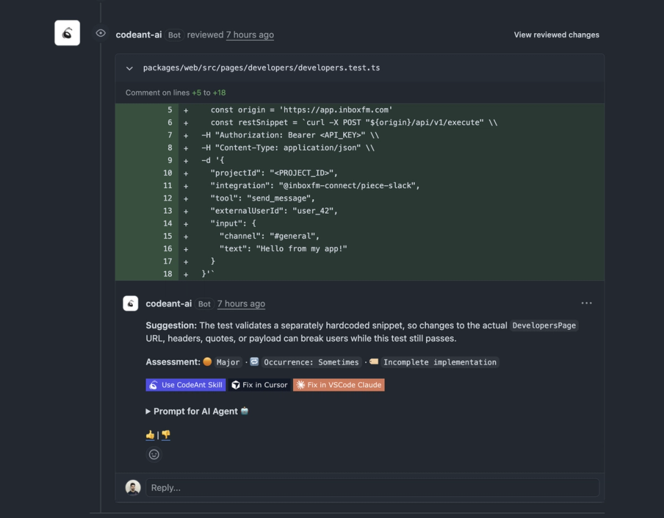 CodeAnt AI PR comment showing the Major-severity finding with occurrence tag and fix links