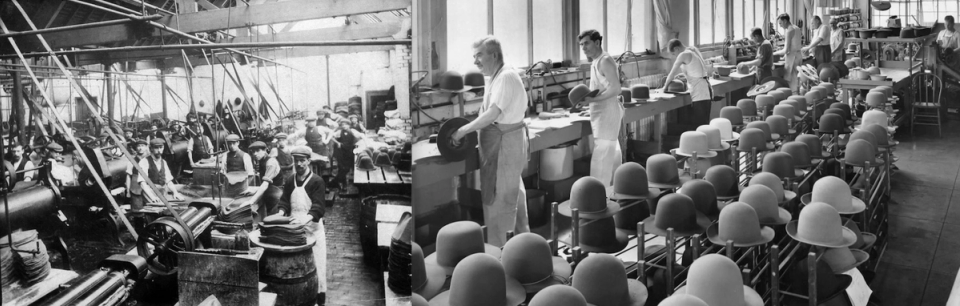 Crowded belt-driven hat factory beside a spacious electric factory with a linear production layout.