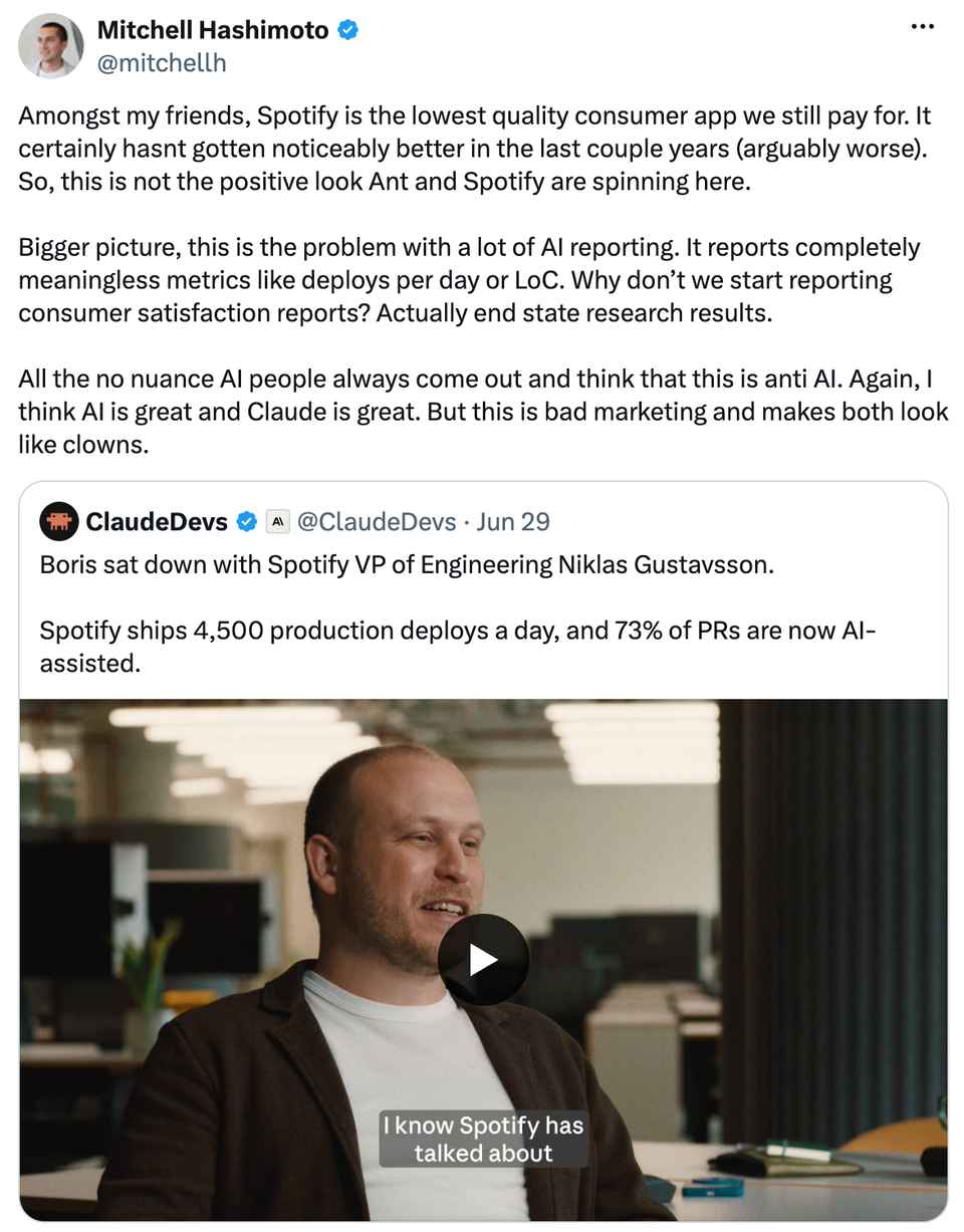 Mitchell Hashimoto critiques AI velocity metrics, calling deploys-per-day completely meaningless without end-state customer satisfaction results