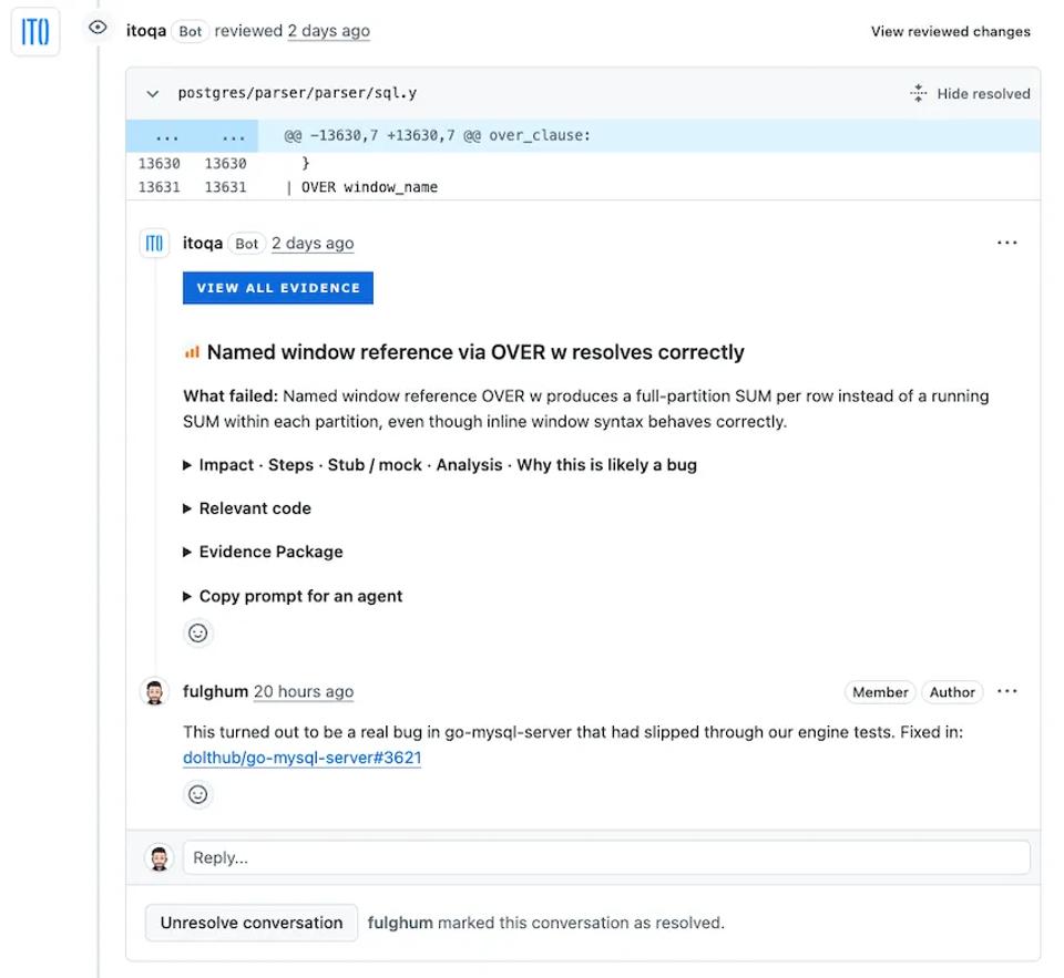 One of the example bugs Ito found on Dolthub