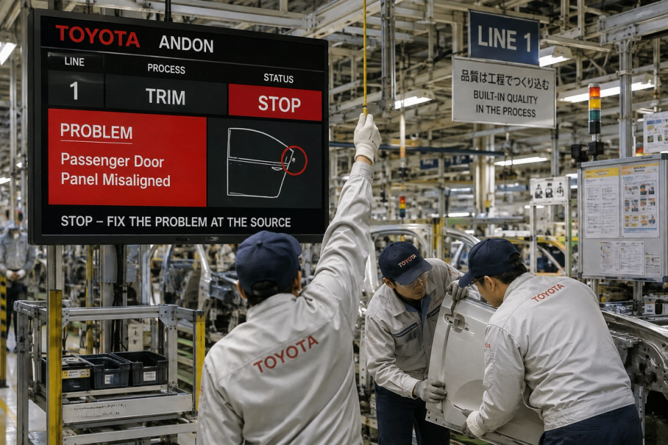 Toyota andon board displays a production-line problem so workers can stop and fix the defect at its source.