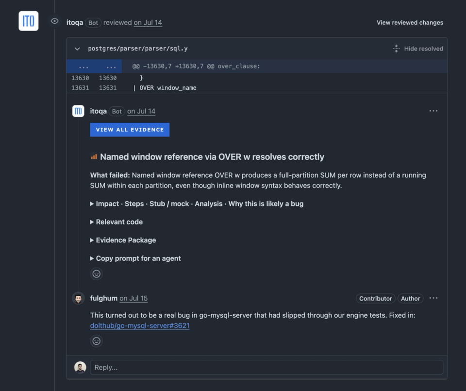 Ito PR comment showing the DoltgreSQL SQL reproduction finding with severity label and reproduction steps