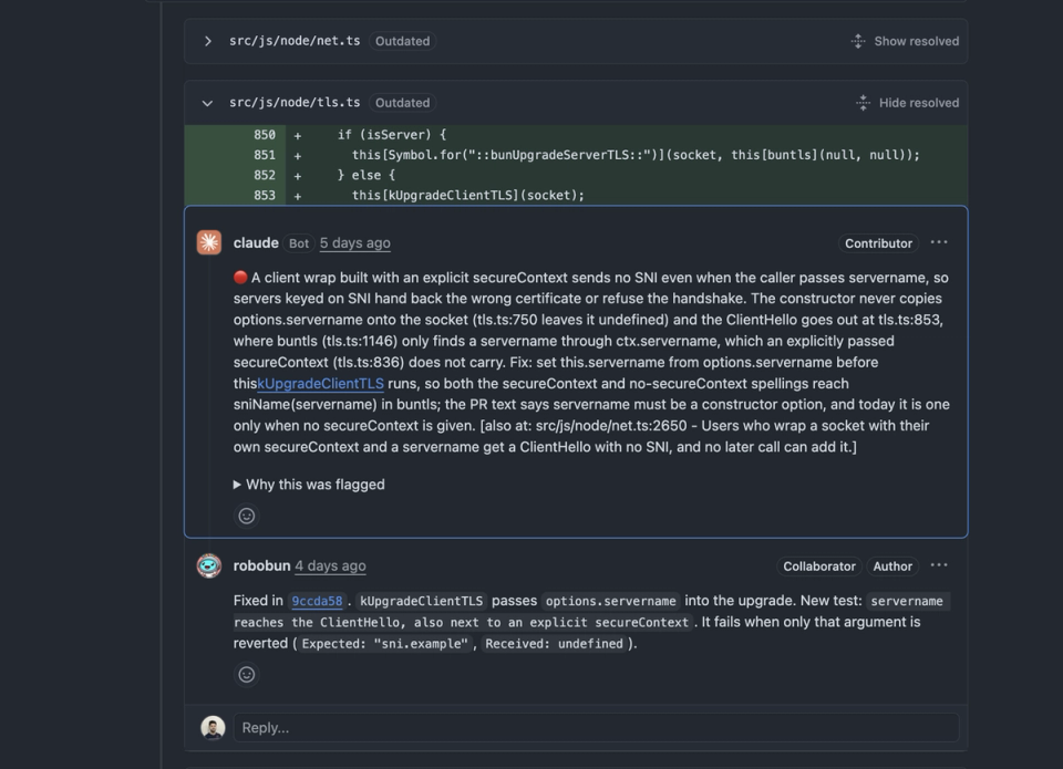 Claude Code Review PR comment showing the SNI finding with severity label and verification reasoning