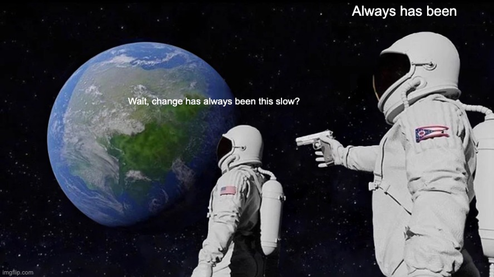Astronaut meme asks whether software development has always changed this slowly, introducing the AI workflow comparison.