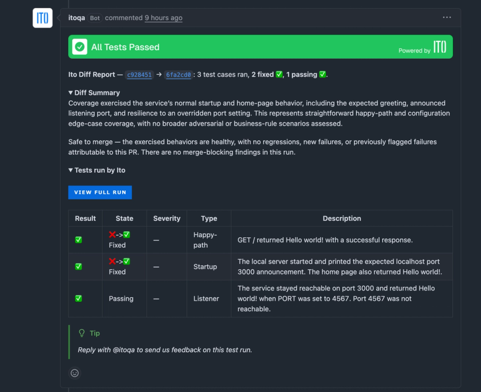 Ito bot comment on a GitHub pull request showing All Tests Passed with 2 fixed and 1 passing test case