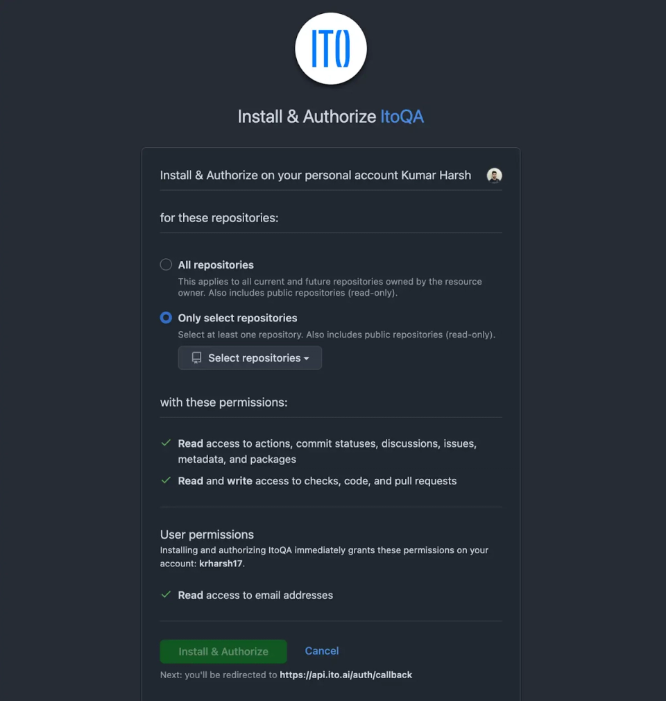 GitHub Install & Authorize screen for the ItoQA app with Only select repositories chosen and permissions listed