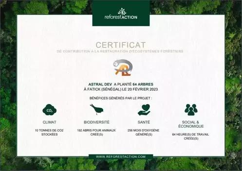 Certificat de plantation de 64 arbres