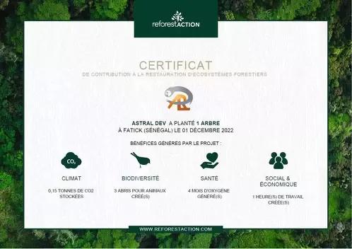 Astral DEV certificat reforestAction pour Le bol enchanté 