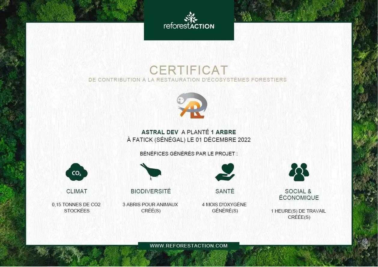 Astral DEV certificat reforestAction pour Le bol enchanté 