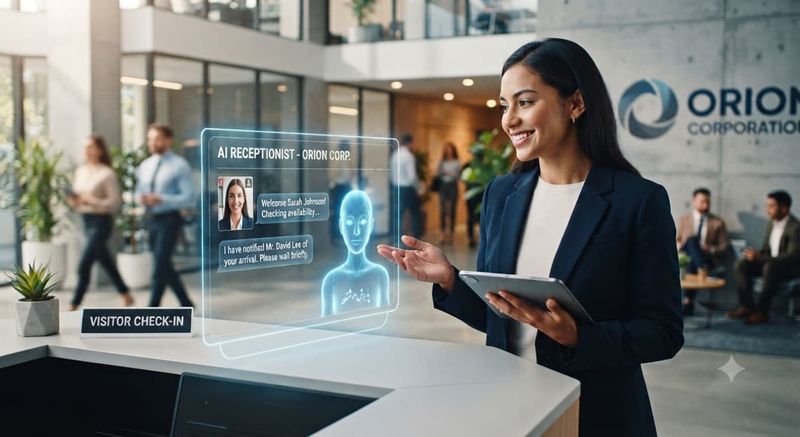 Businesswoman at an office reception desk interacting with a holographic AI receptionist screen for visitor check-in.
