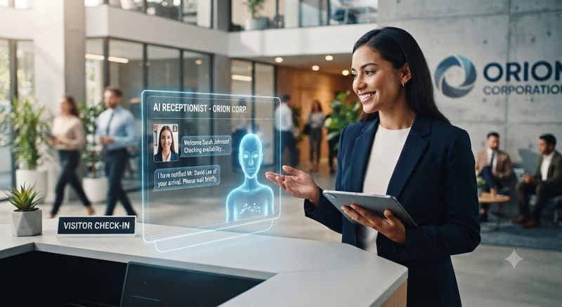 Businesswoman at an office reception desk interacting with a holographic AI receptionist screen for visitor check-in.
