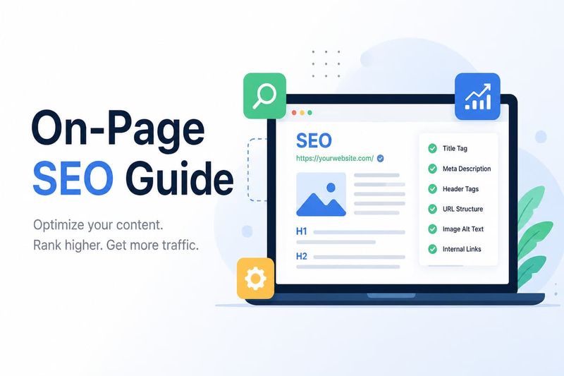 On-page SEO guide illustration featuring a laptop displaying an optimization checklist with title and header tags.