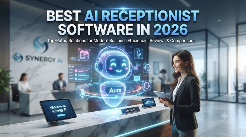 Futuristic AI receptionist hologram at a corporate front desk with text reading Best AI Receptionist Software in 2026.