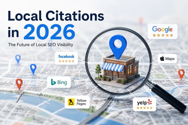Storefront on a map under a magnifying glass with Google, Yelp, and Bing icons for local SEO citations in 2026.