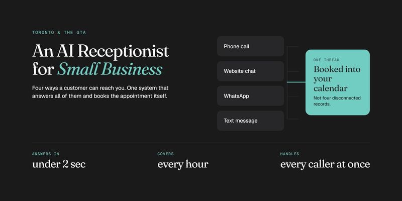 AI receptionist for small business connecting phone calls, website chat, WhatsApp, and texts directly to a calendar.