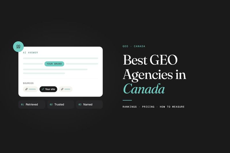 Best GEO Agencies in Canada banner with an AI answer mockup showing brand source citations.