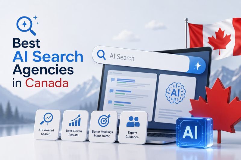Best AI Search Agencies in Canada graphic with a laptop displaying AI search results and a Canadian flag.