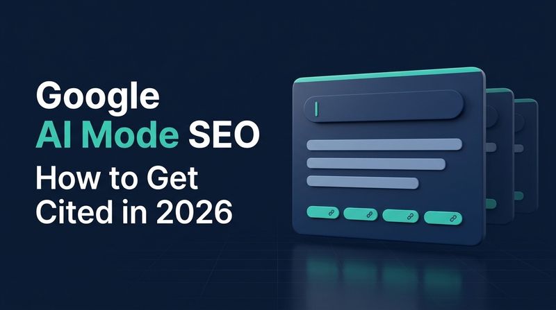 3D search card with citation links next to text reading Google AI Mode SEO How to Get Cited in 2026.