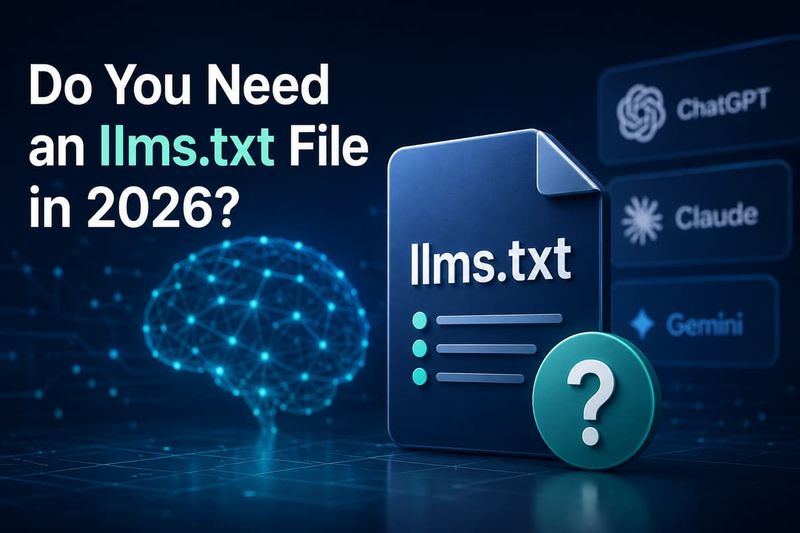 "Do You Need an llms.txt File in 2026?" text with an llms.txt document icon alongside ChatGPT, Claude, and Gemini logos.