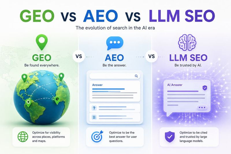 GEO vs AEO vs LLM SEO infographic comparing search optimization strategies in the AI era