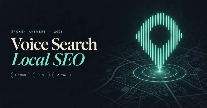 Graphic reading “Voice Search Local SEO,” with Gemini, Siri, and Alexa labels beside a glowing voice-search icon over a map.