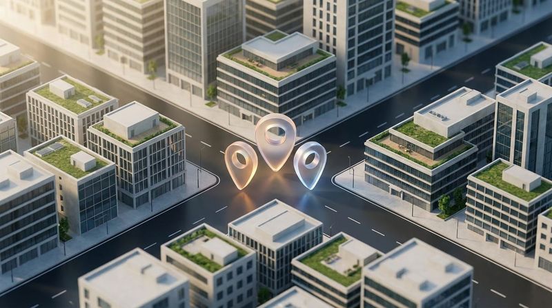 Stylized bird's-eye view of a modern city grid featuring three glowing location pin markers at a central intersection.
