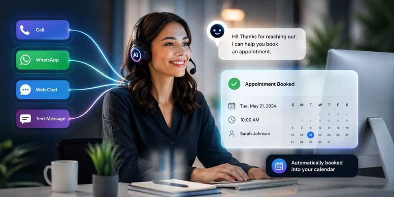 AI customer service agent booking an appointment on a digital calendar with multi-channel communication icons.