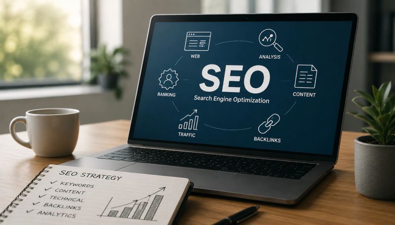 Laptop displaying an SEO diagram on screen next to an open notebook with an SEO strategy checklist on a wooden desk.