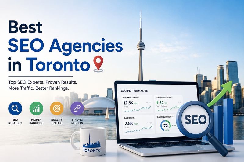 Best SEO Agencies in Toronto banner featuring laptop analytics dashboard and CN Tower city skyline.