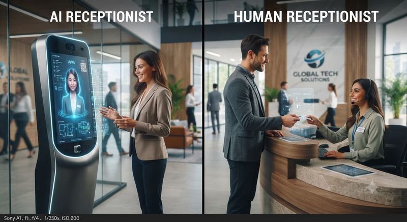 Split screen comparing a digital AI receptionist kiosk with a traditional human receptionist at an office front desk.