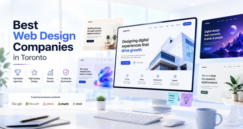 Desktop screen and floating website layouts showcasing the best web design companies in Toronto.