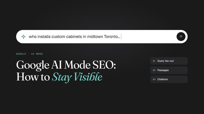 Google AI Mode SEO graphic with an AI search bar showing key factors: query fan-out, passages, and citations.