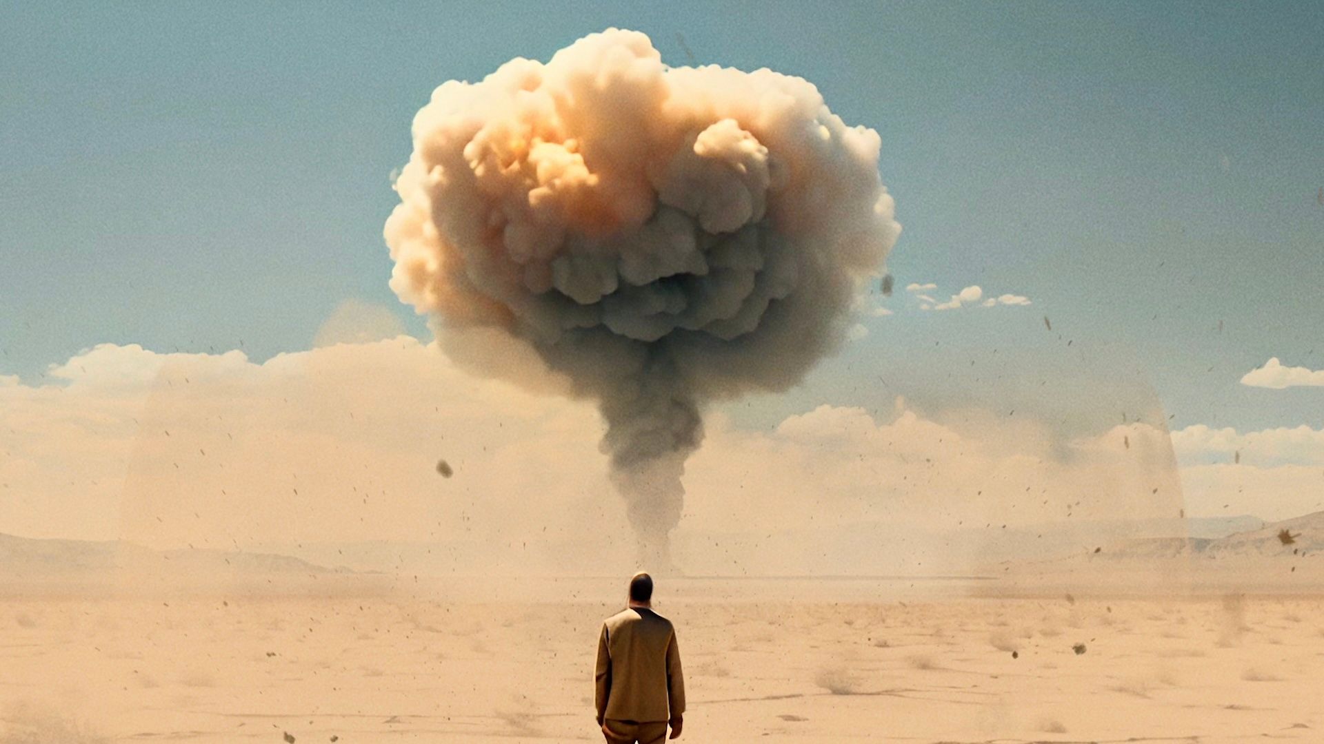 In a desert, a man is positioned amidst a large plume of smoke billowing from the ground.