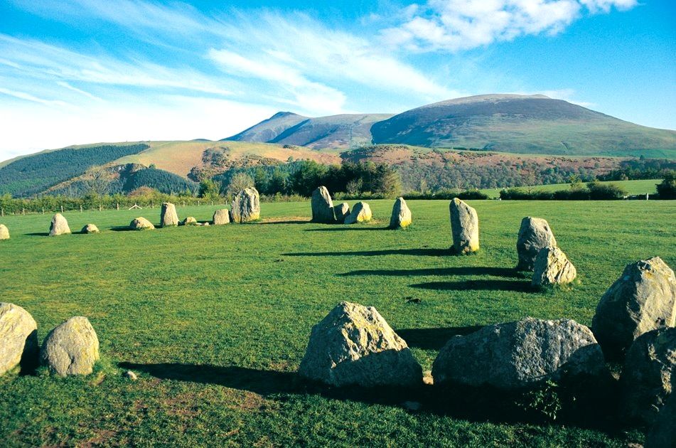 The Castlerigg stone circle on open grass with fells beyond