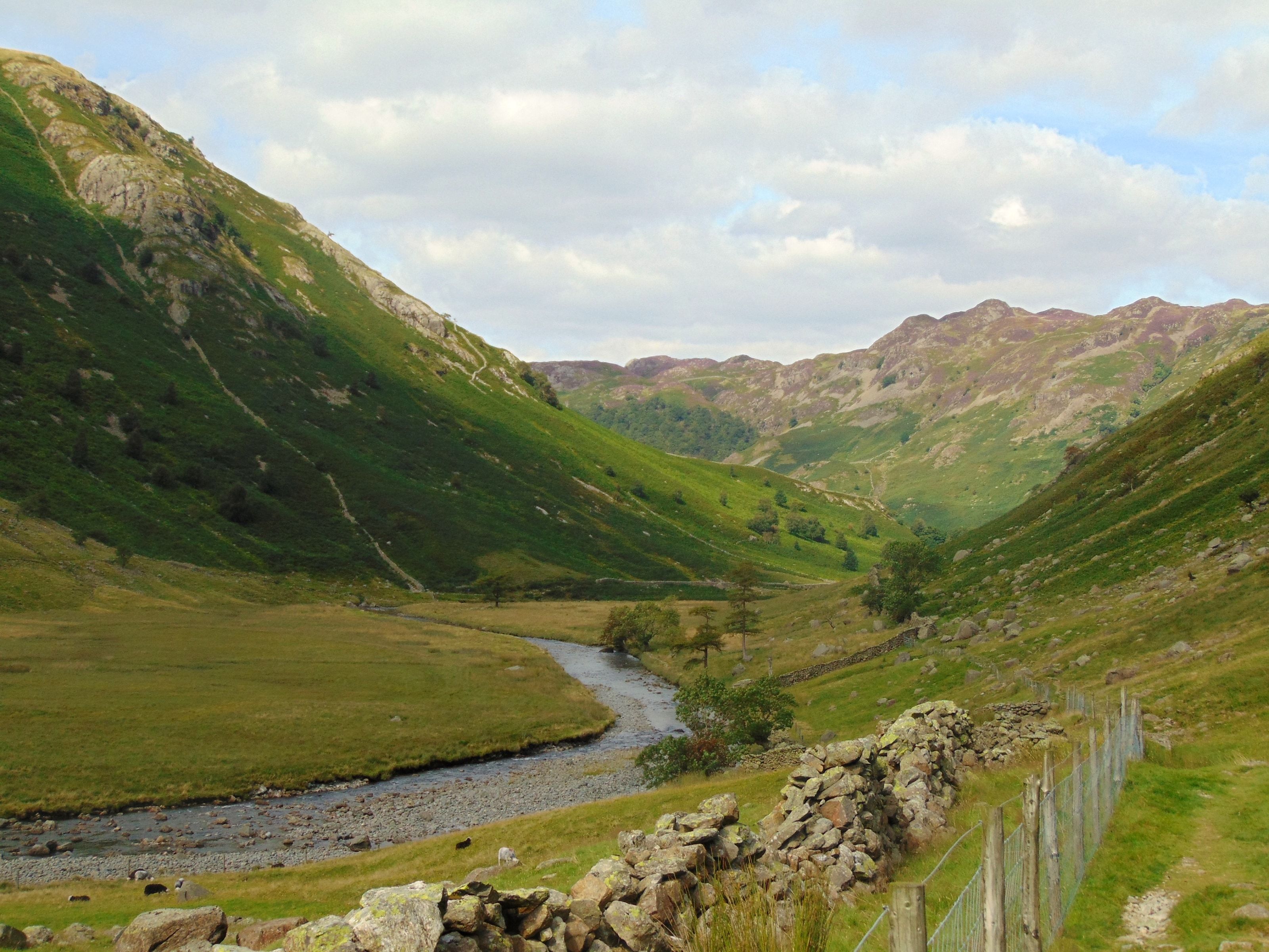 A river winding along the flat floor of Borrowdale between steep green fells