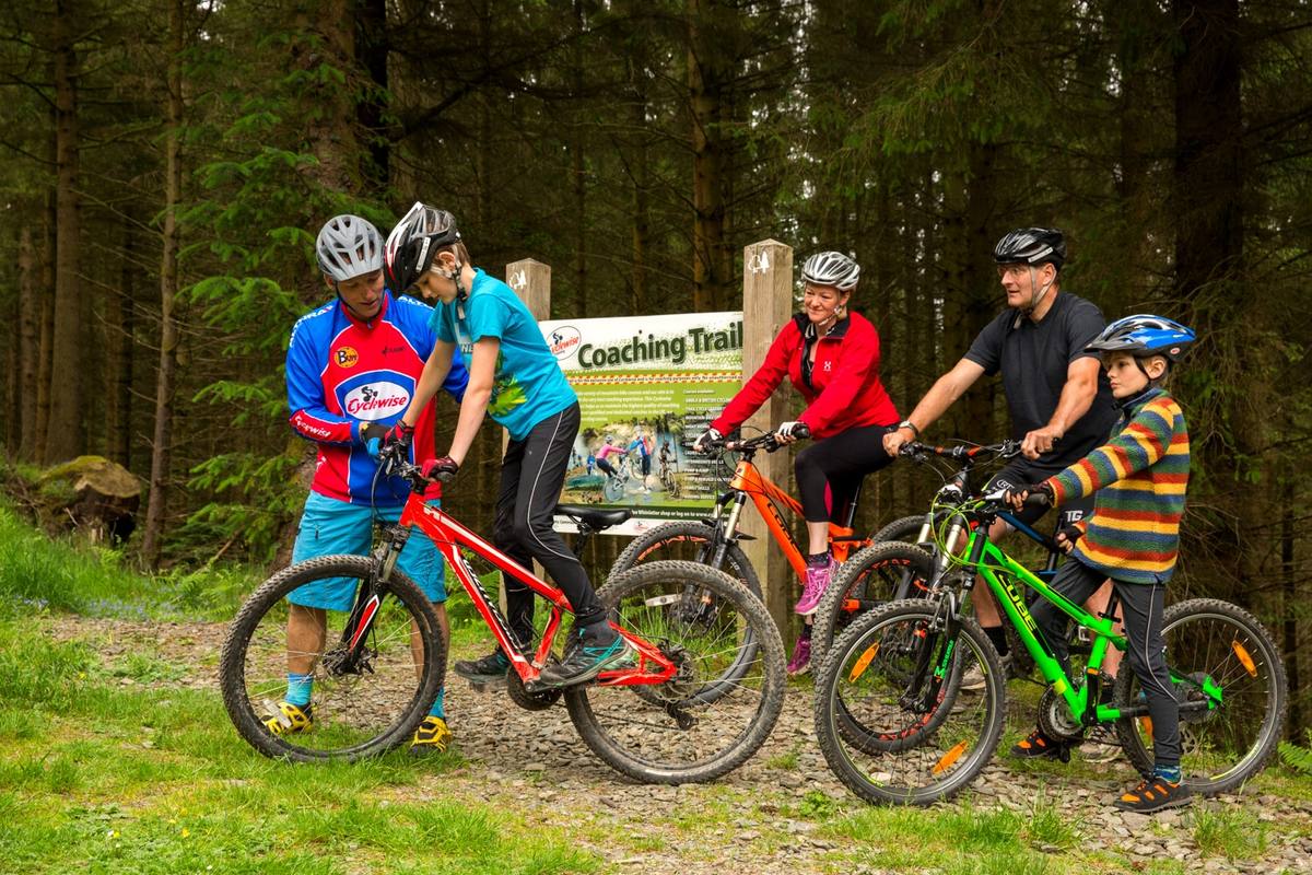 A family of mountain bikers gathered at a coaching trail sign among the conifers