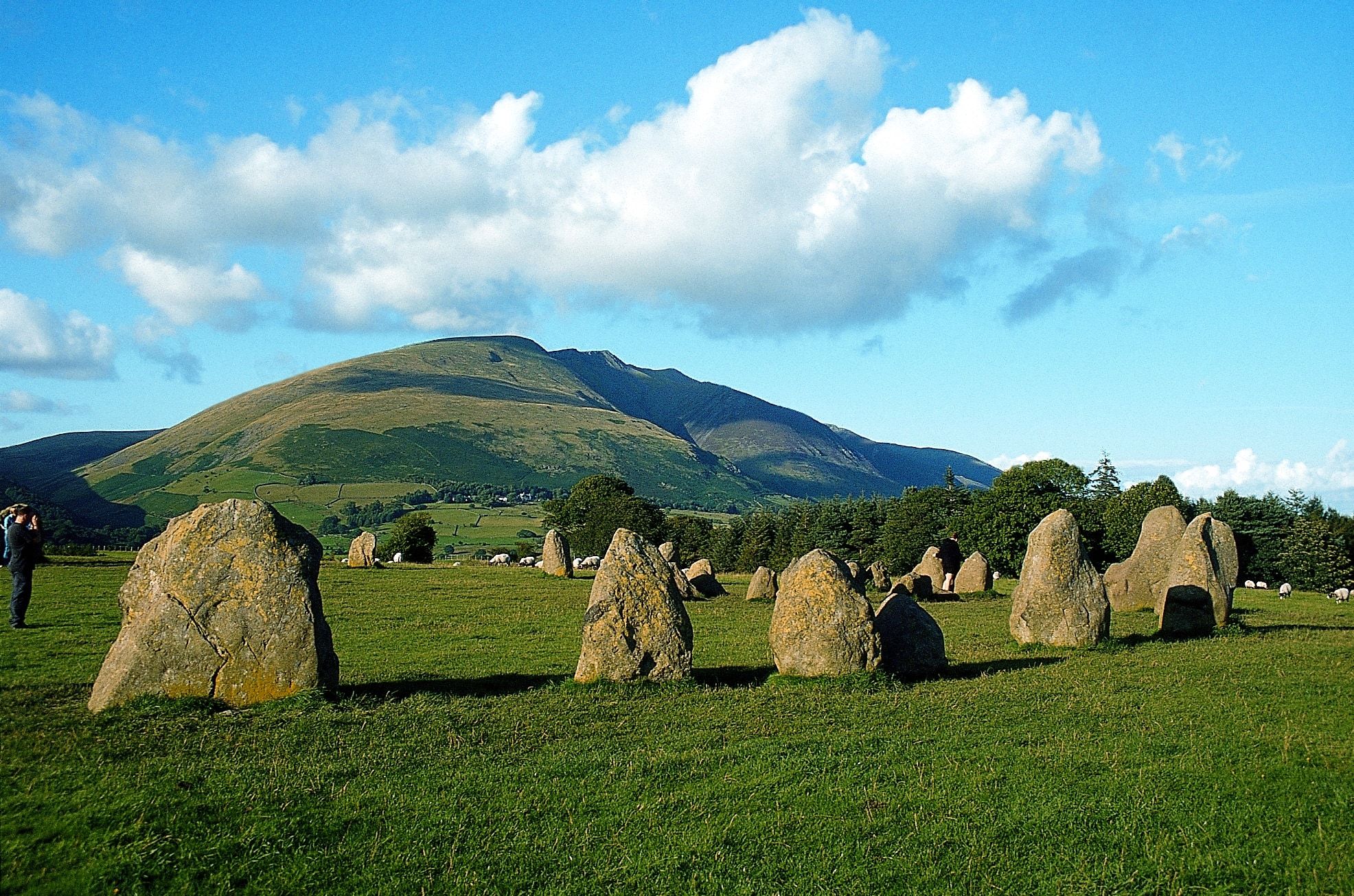 The Castlerigg stones in close-cropped grass with Blencathra rising behind them