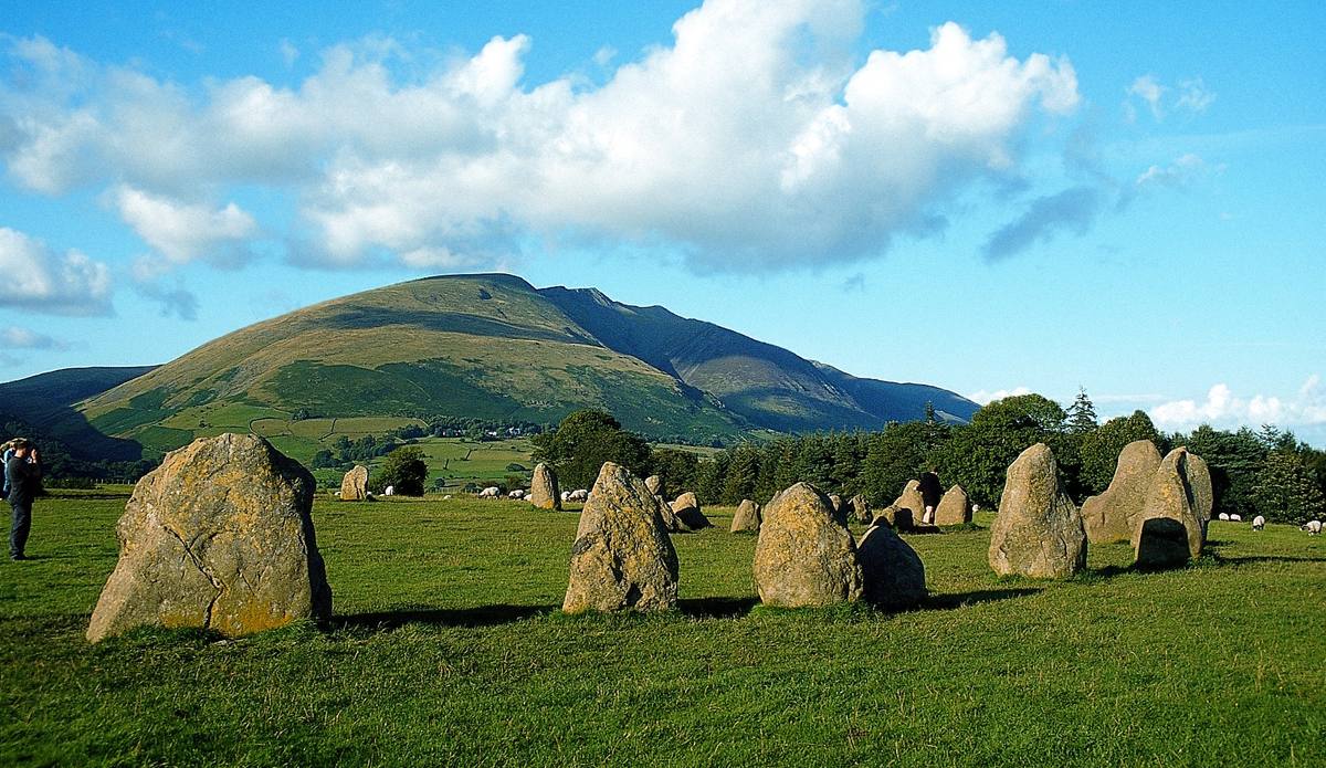 The Castlerigg stones in close-cropped grass with Blencathra rising behind them