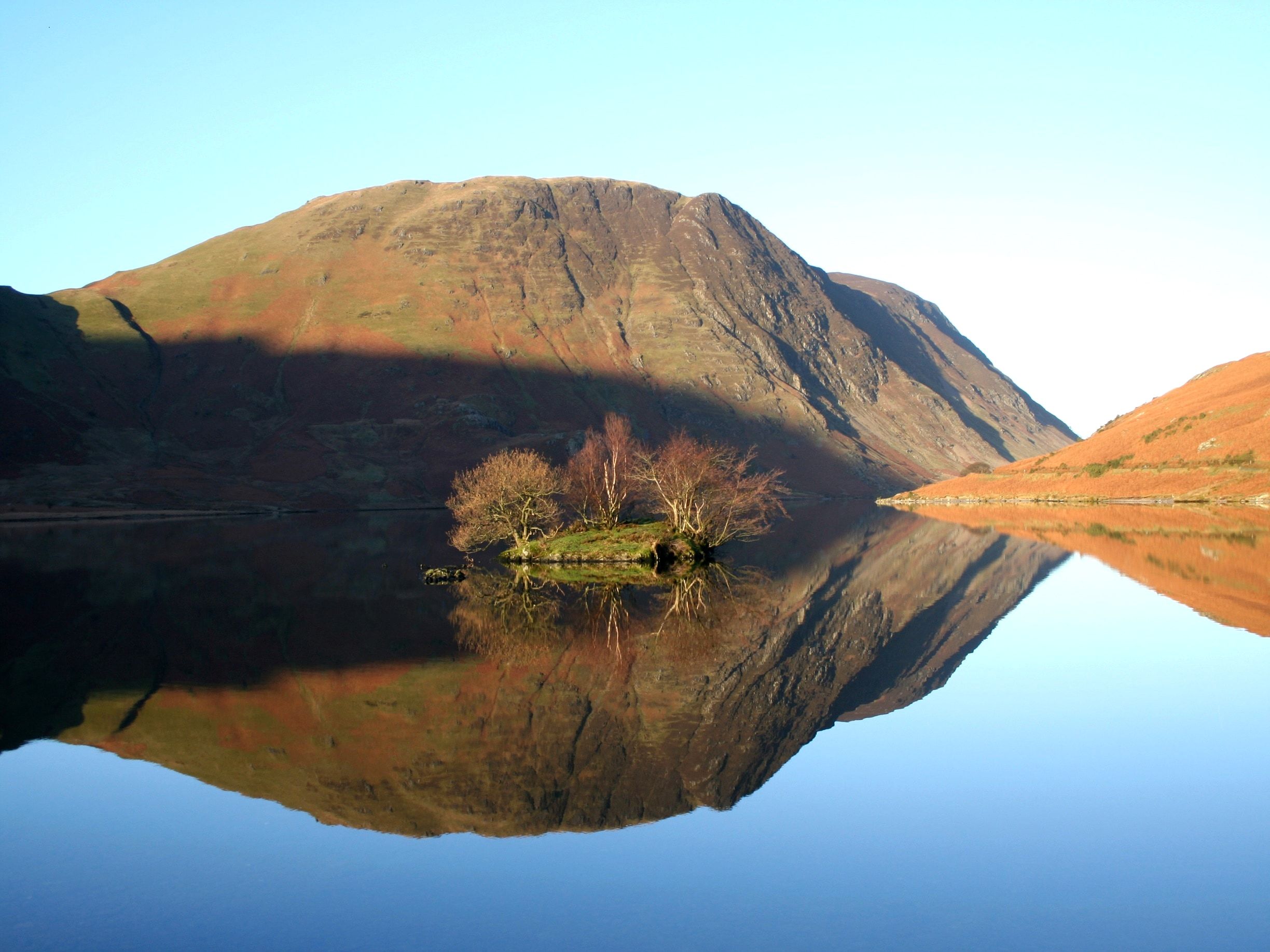 Buttermere lying mirror-still with the fells and a lone shoreline tree reflected
