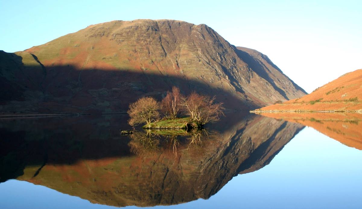 Buttermere lying mirror-still with the fells and a lone shoreline tree reflected