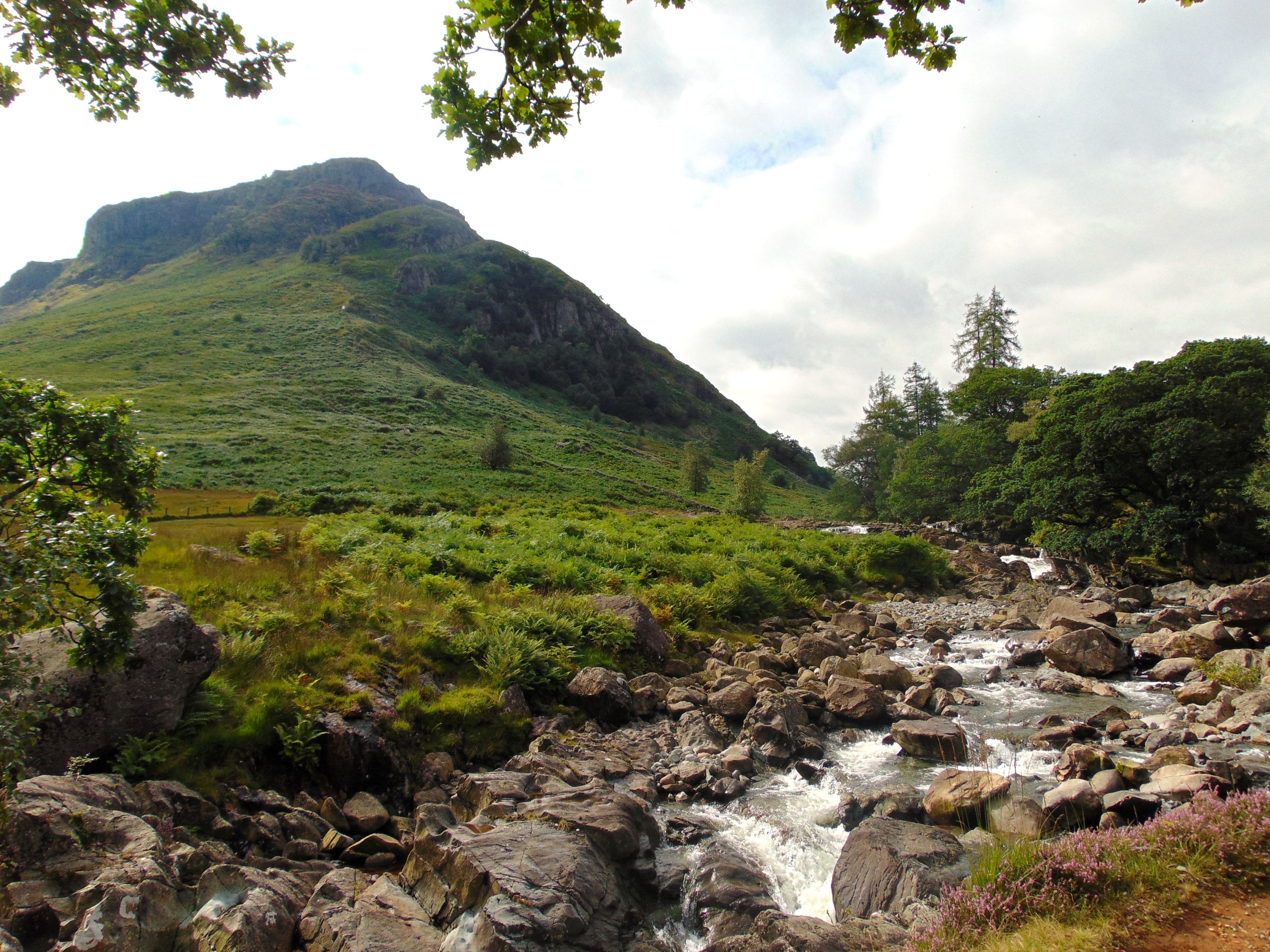 A beck running clear over rocks down the wide floor of the Langstrath valley