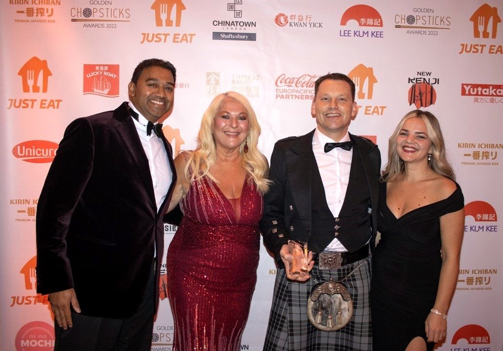 Photo: {from left to right} Dharmesh Rana from Kirin Ichiban; TV Personality Vanessa Feltz; Marcell Cilliers, General Manager of the Lodore Falls Hotel & Spa; Flori Musca, Mizu Restaurant Manager.