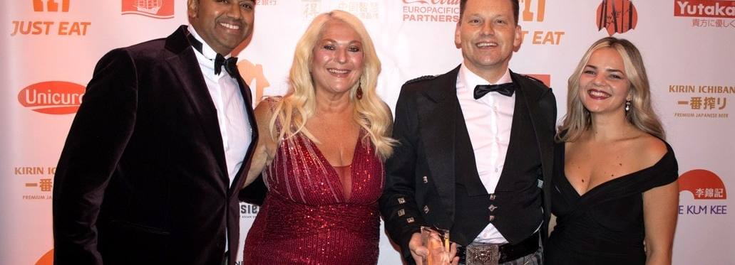 Photo: {from left to right} Dharmesh Rana from Kirin Ichiban; TV Personality Vanessa Feltz; Marcell Cilliers, General Manager of the Lodore Falls Hotel & Spa; Flori Musca, Mizu Restaurant Manager.